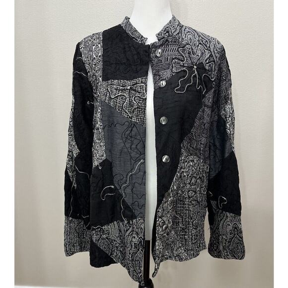 Laura Ashley‎ Woman 1X Blazer Jacket Gray Black White Patchwork Buttons Career - Picture 1 of 10